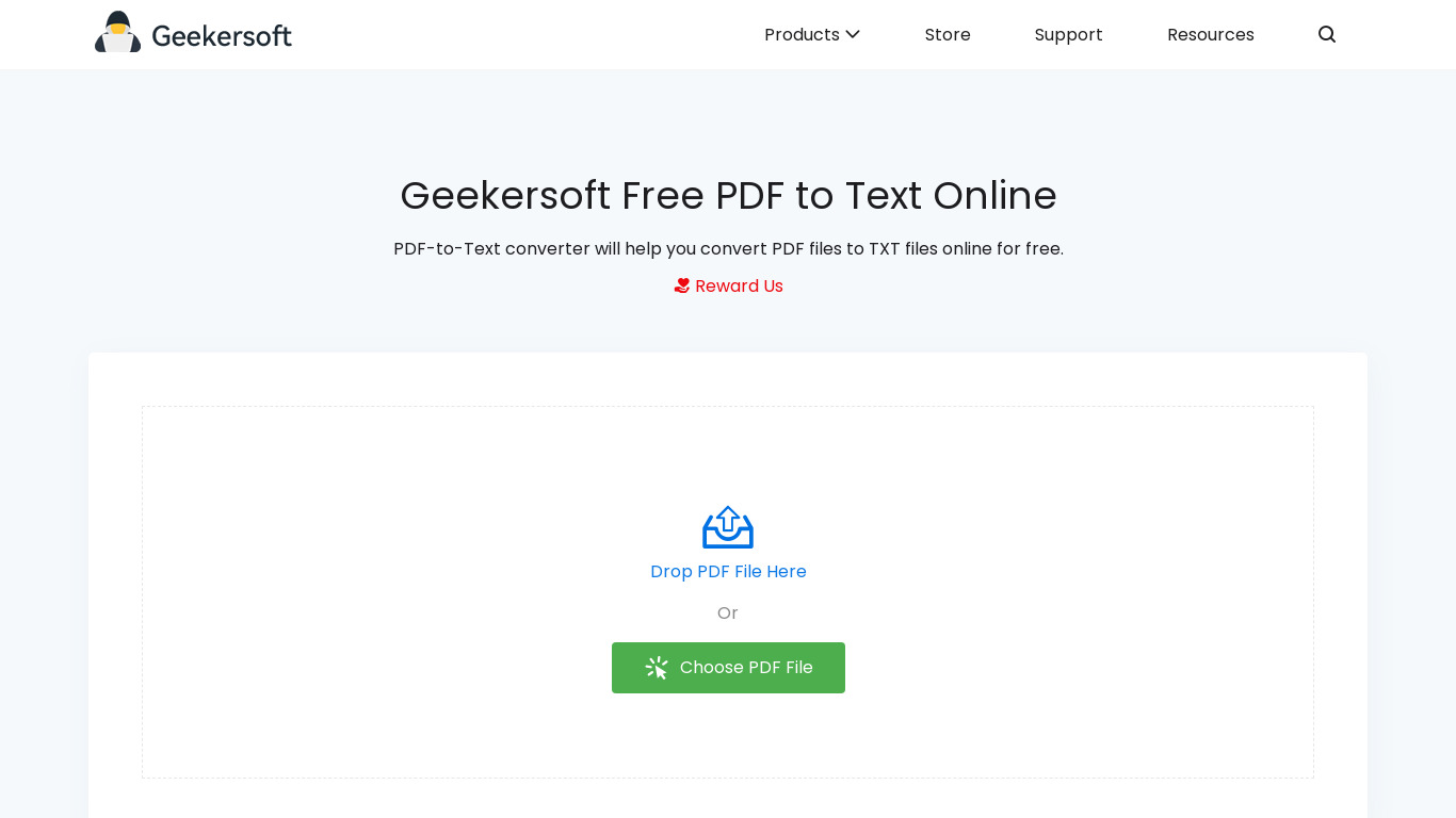 Geekersoft PDF to Text Landing page