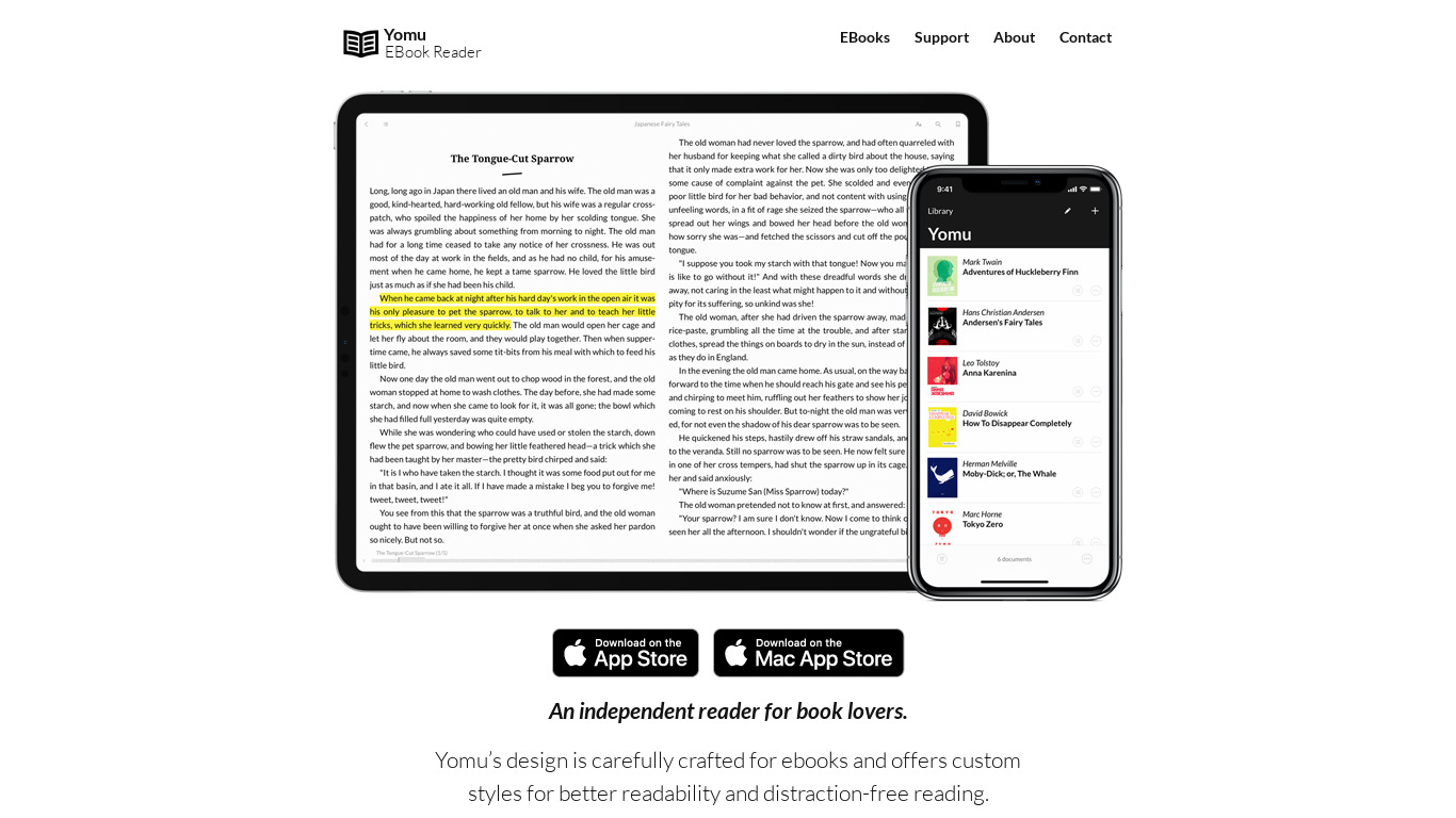Yomu EBook Reader Landing page