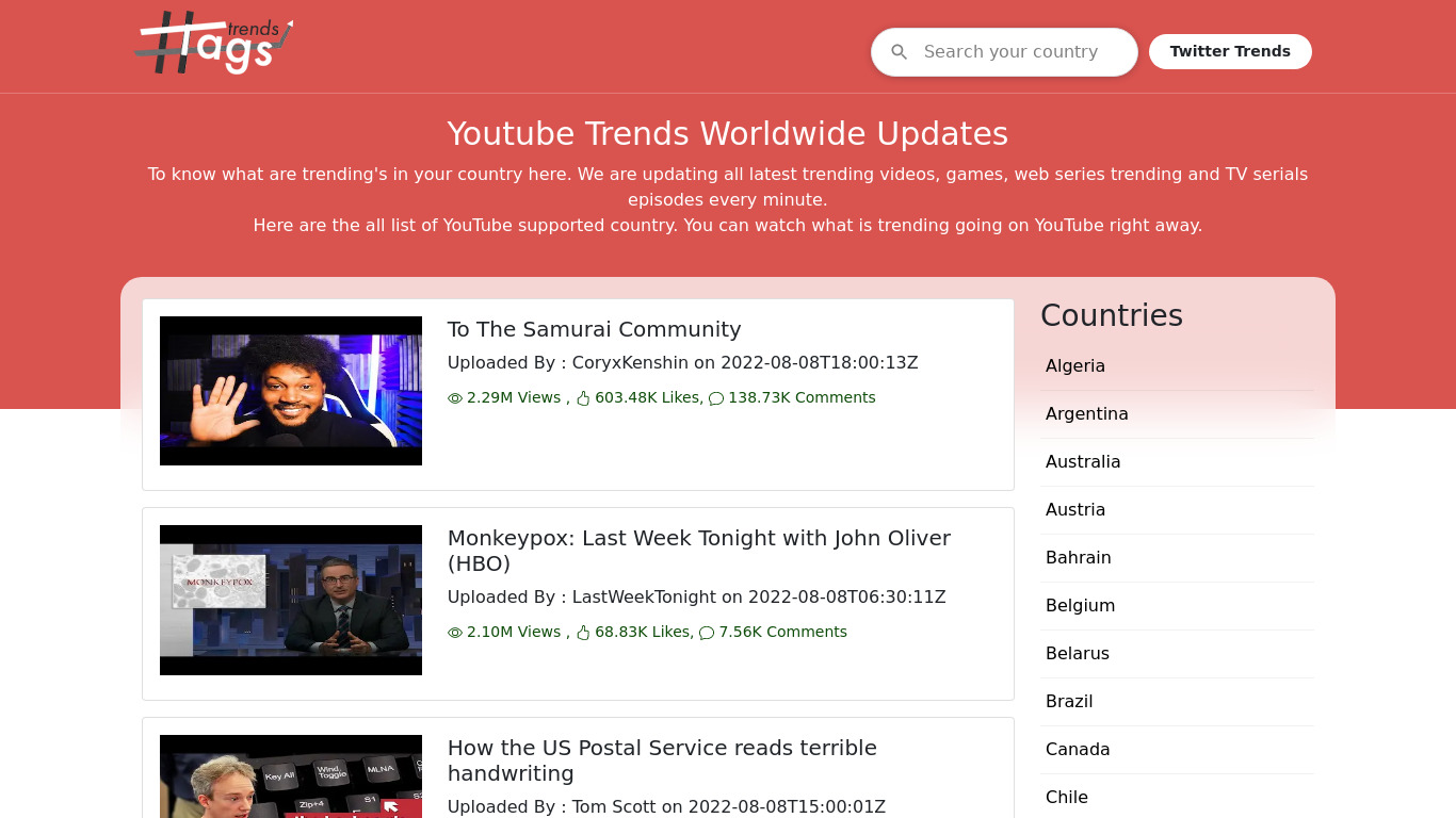 Youtube Trends Worldwide Landing page