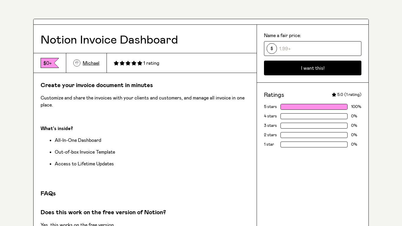 Notion Invoice Dashboard Landing page