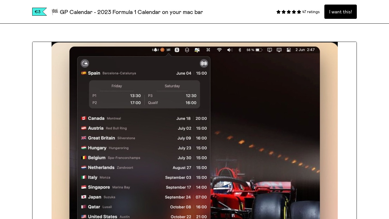 Formula 1 Calendar MenuBar Landing page