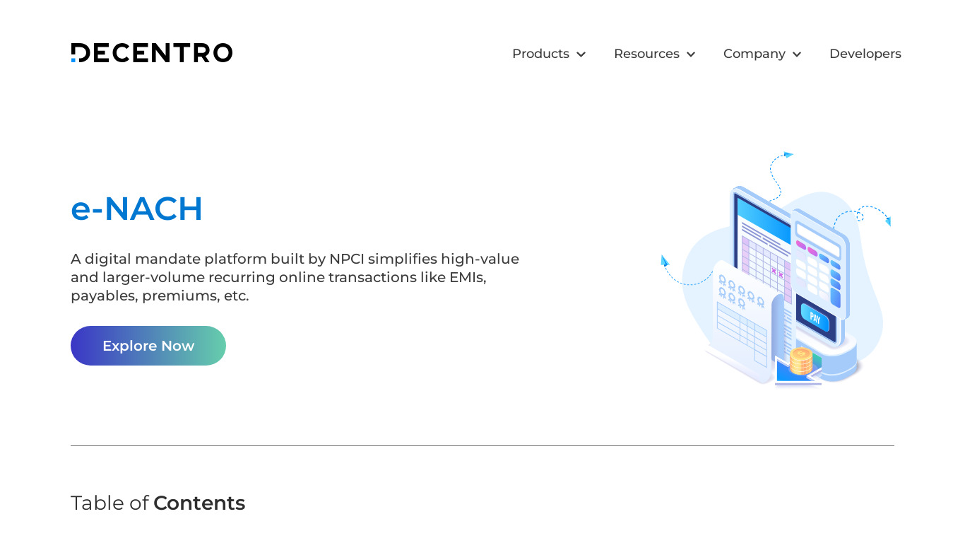 Recurring Payments by Decentro Landing page
