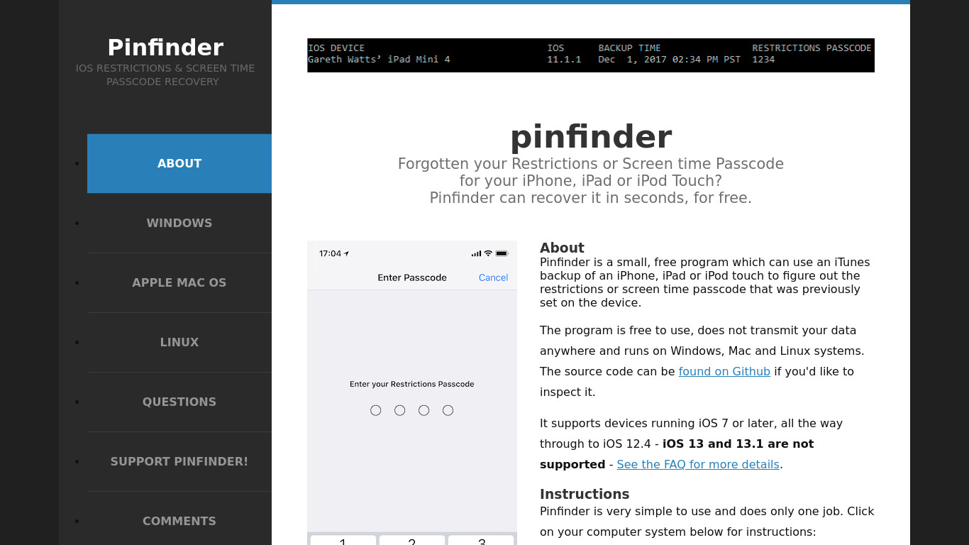 Pinfinder Landing page