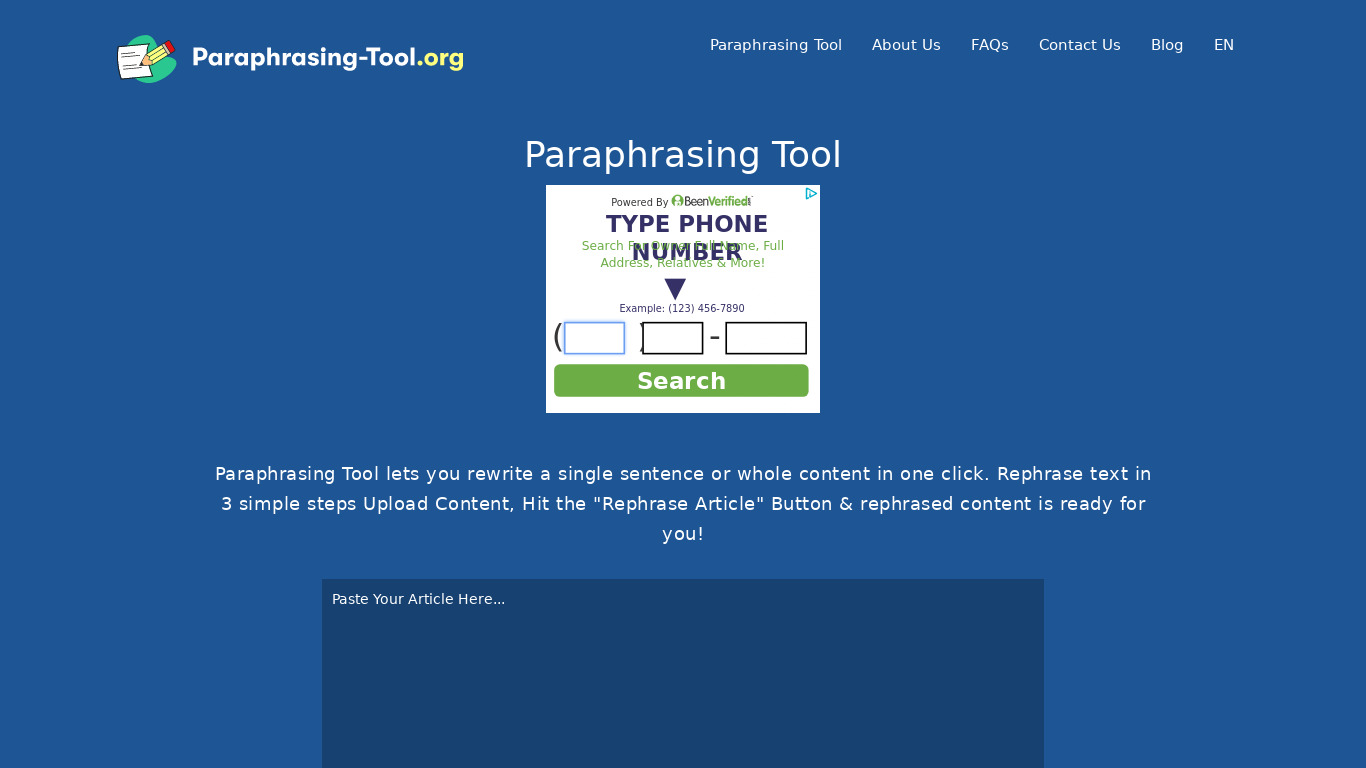 Paraphrase-tool.org Landing page