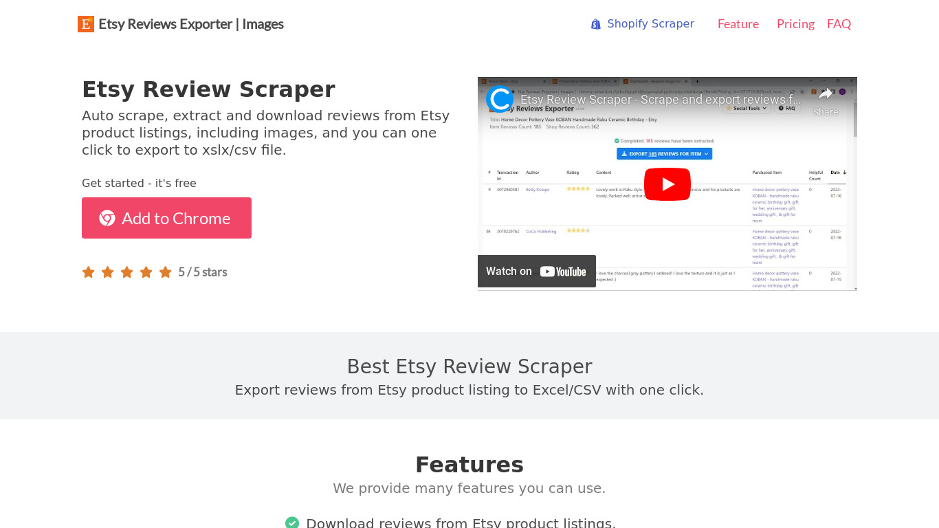 Etsy Review Exporter Landing page