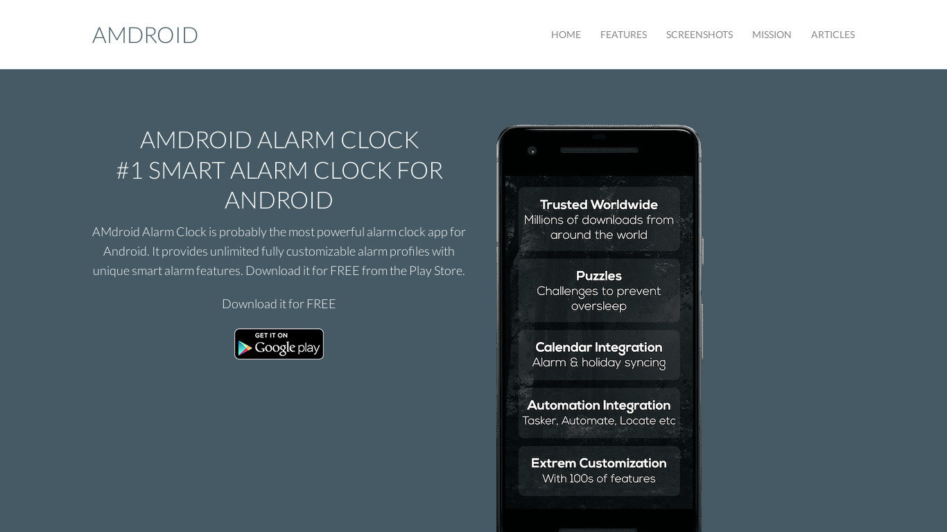 AMdroid Smart Alarm Clock Landing page