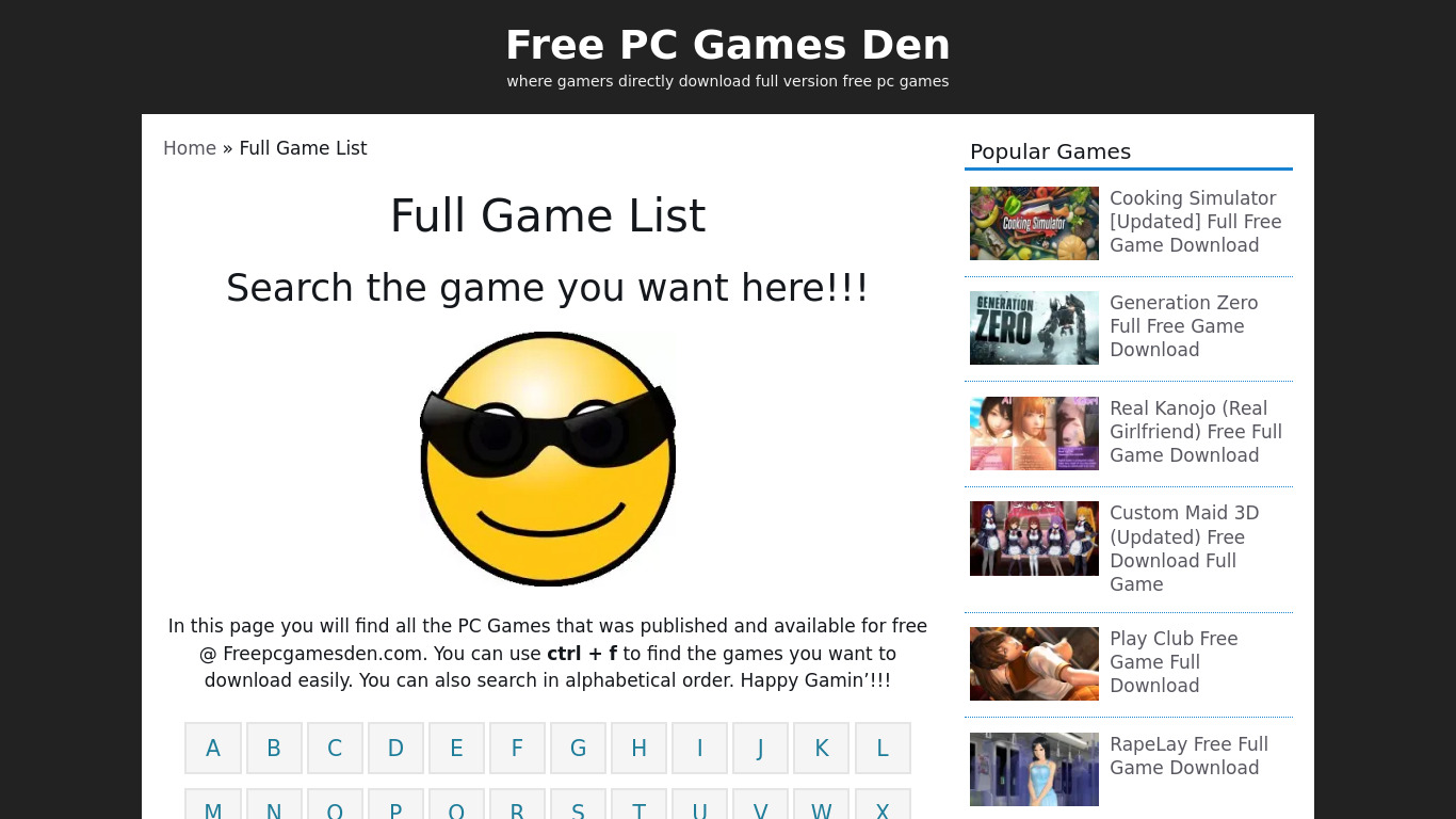 Free PC Games Den Landing page
