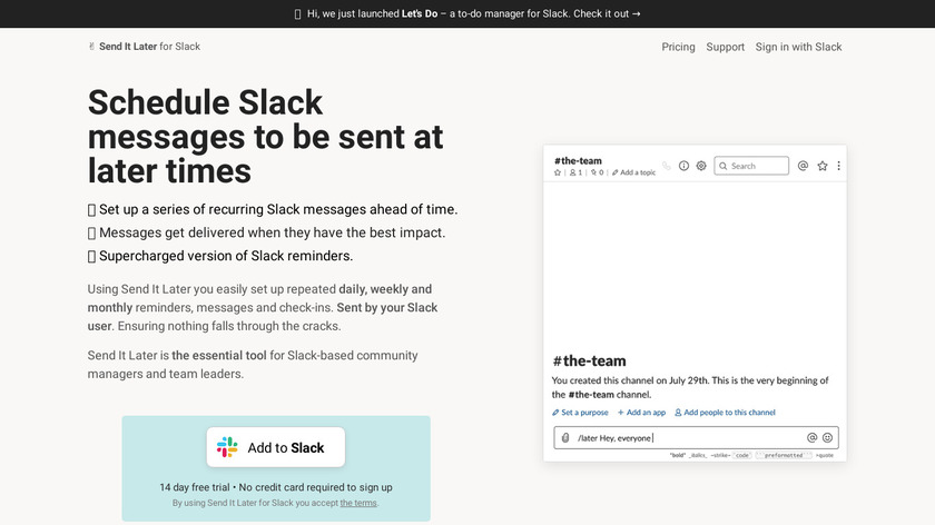 Send It Later for Slack Landing Page