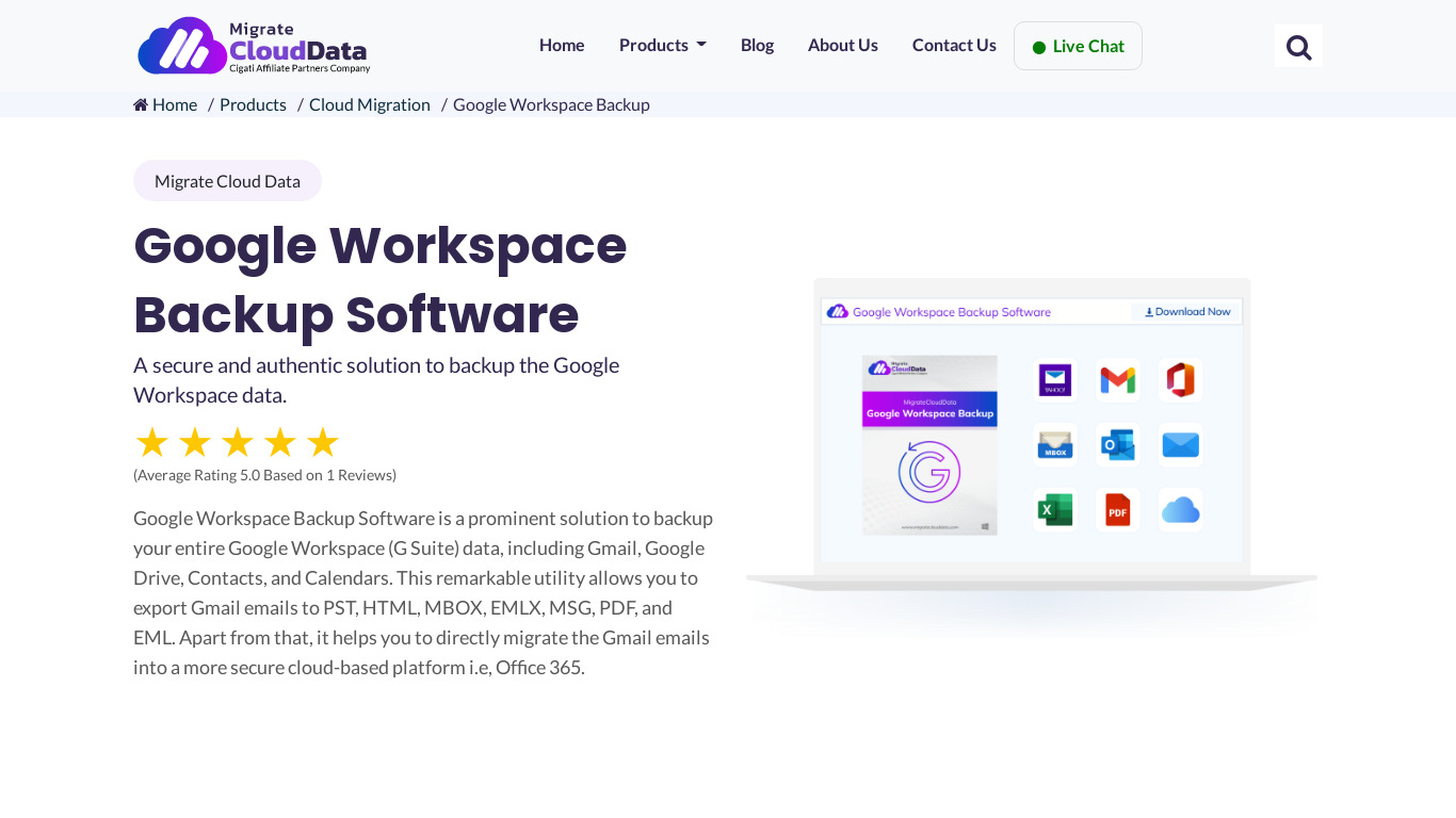MigrateCloudData Google Workspace Backup Landing page