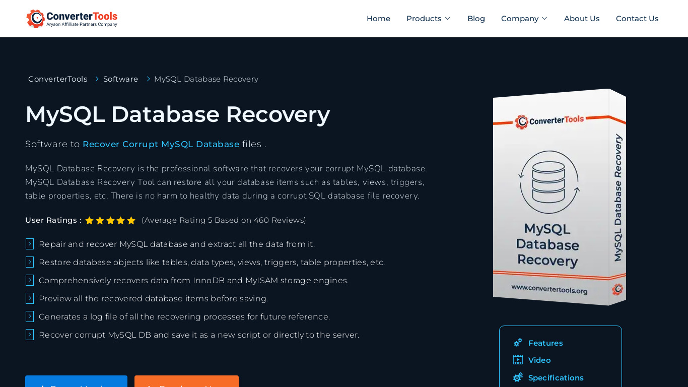 MySQL Database Recovery tool Landing page