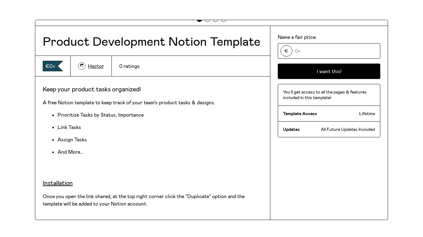 Notion Product Development Template Landing page