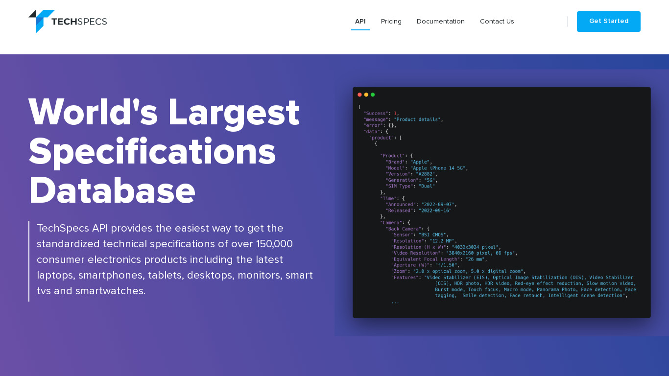 TechSpecs API Landing page