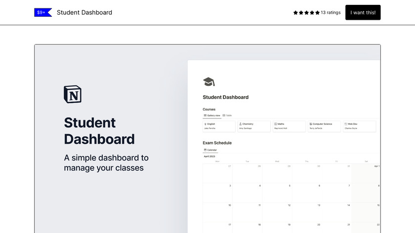 Student Dashboard Notion Template Landing Page