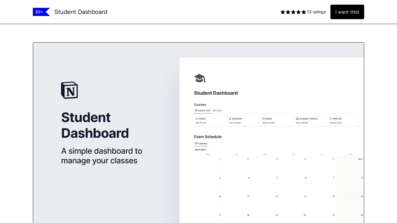 Student Dashboard Notion Template Landing page
