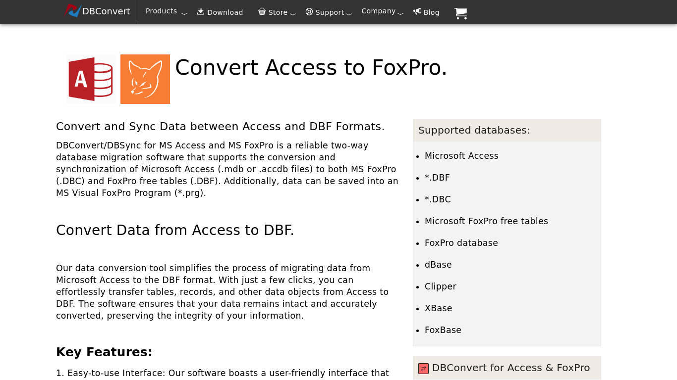 DBConvert Access to FoxPro Landing page