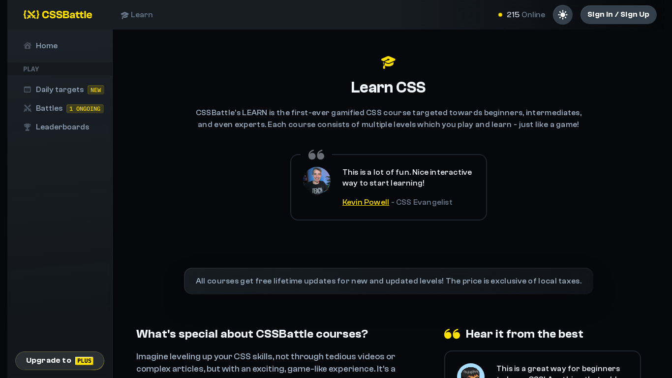 CSSBattle's LEARN Landing page