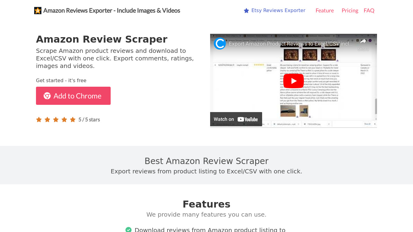 Amazon Reviews Exporter Landing page