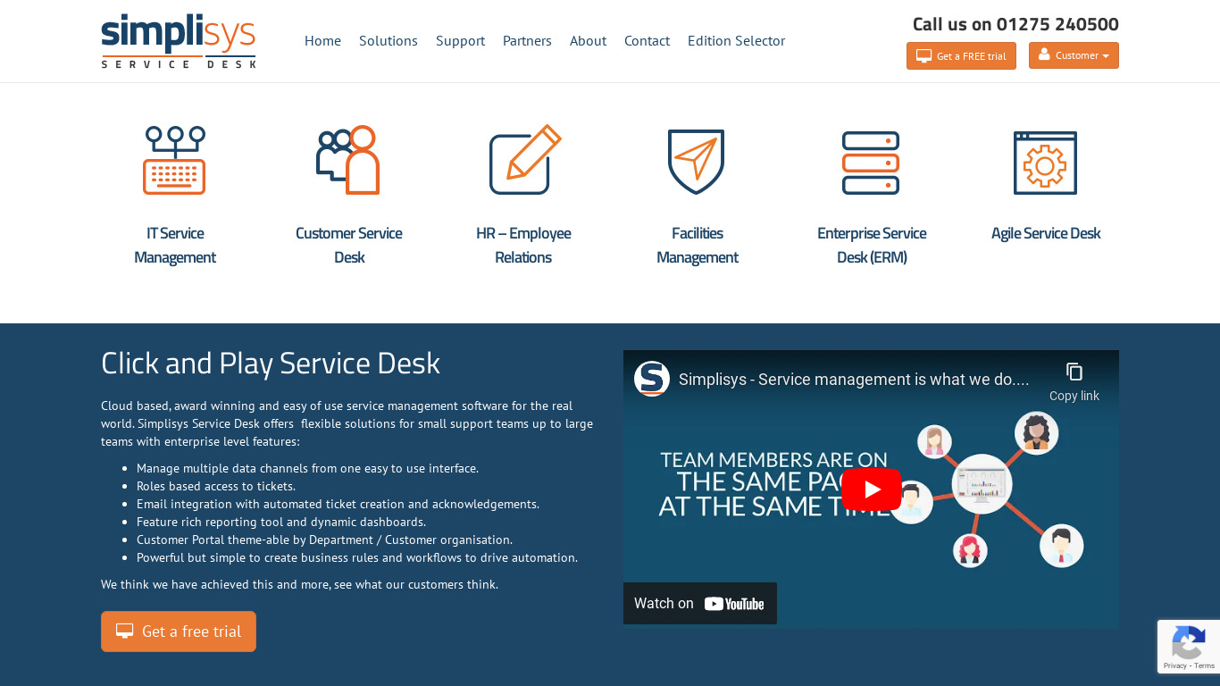Simplisys Service Desk Landing page
