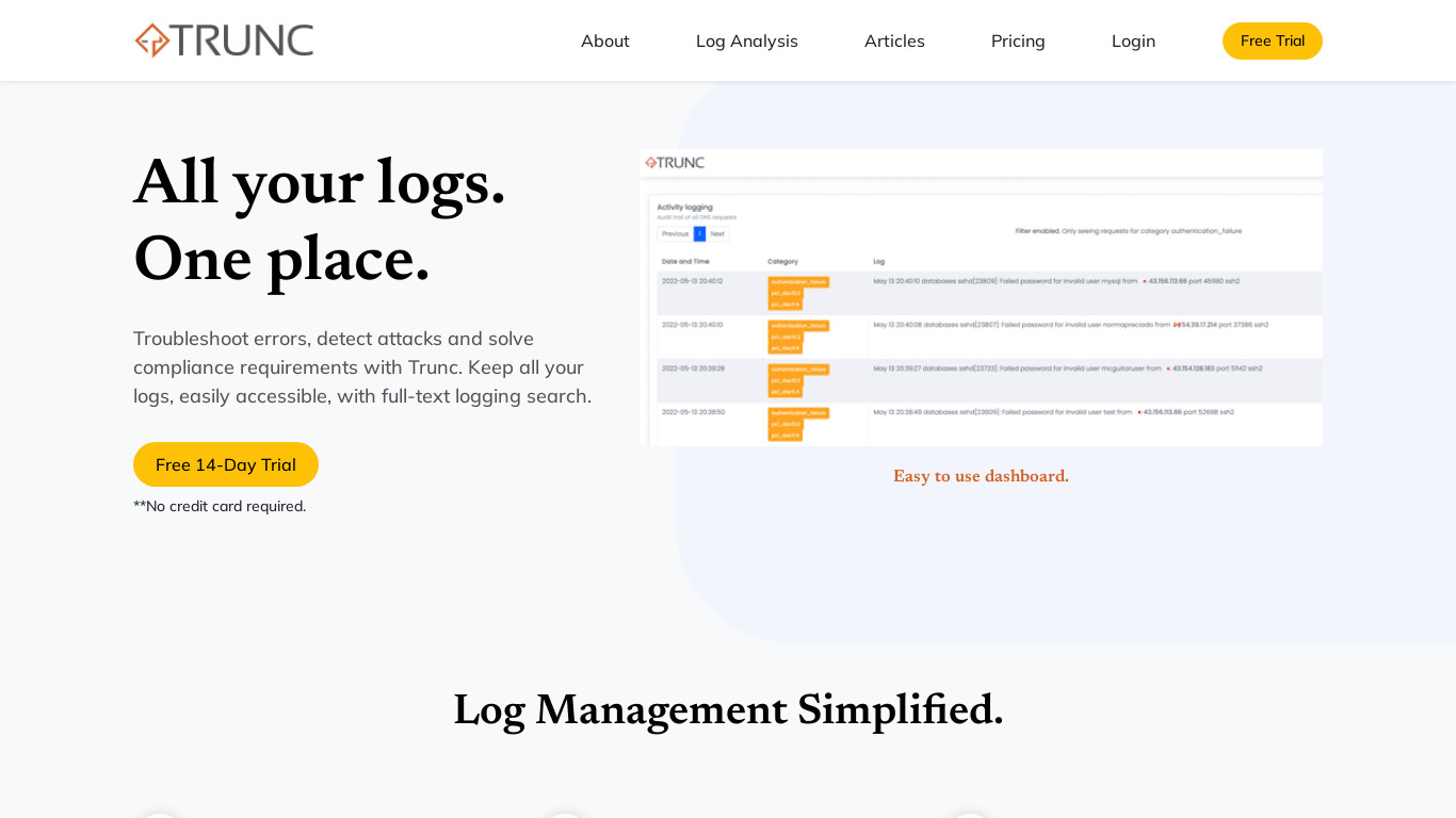 Trunc Log Management / SIEM Landing page
