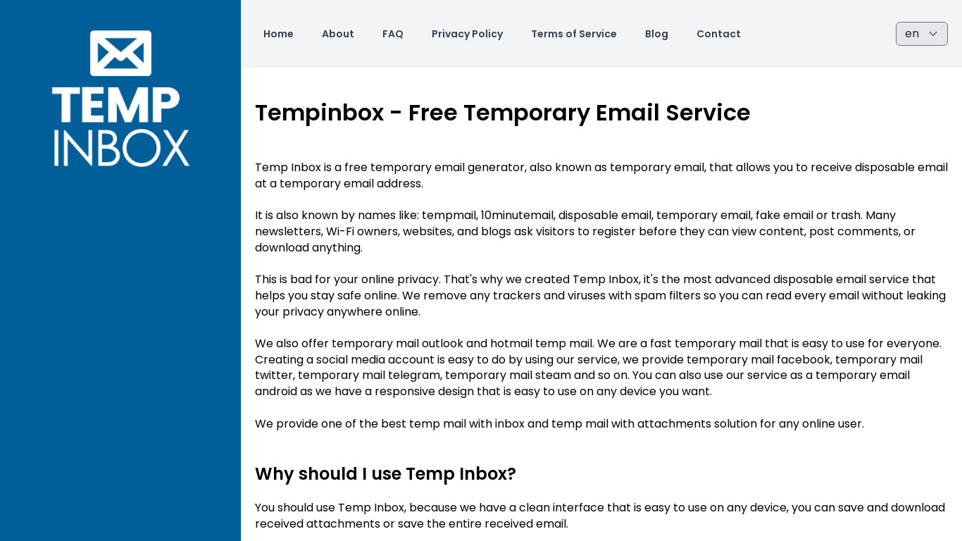 TempInbox.org Landing page