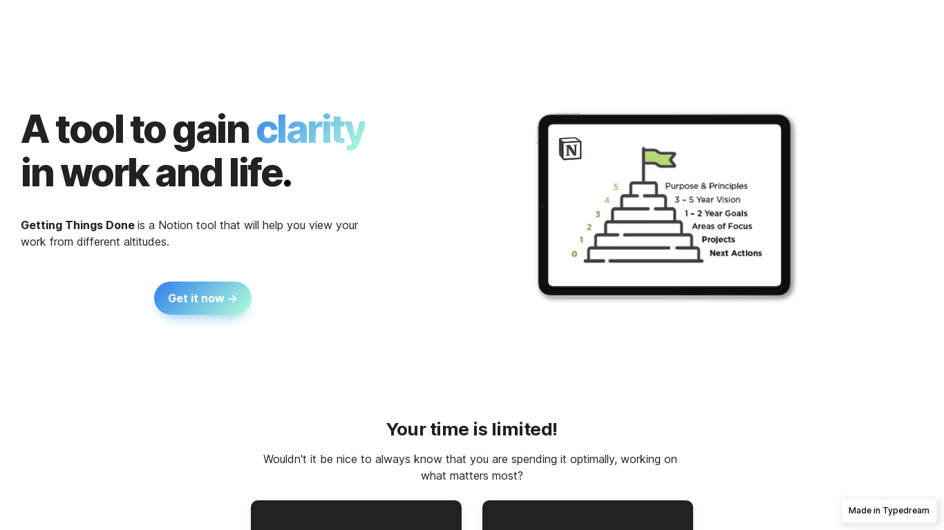 Notion Getting Things Done Landing page