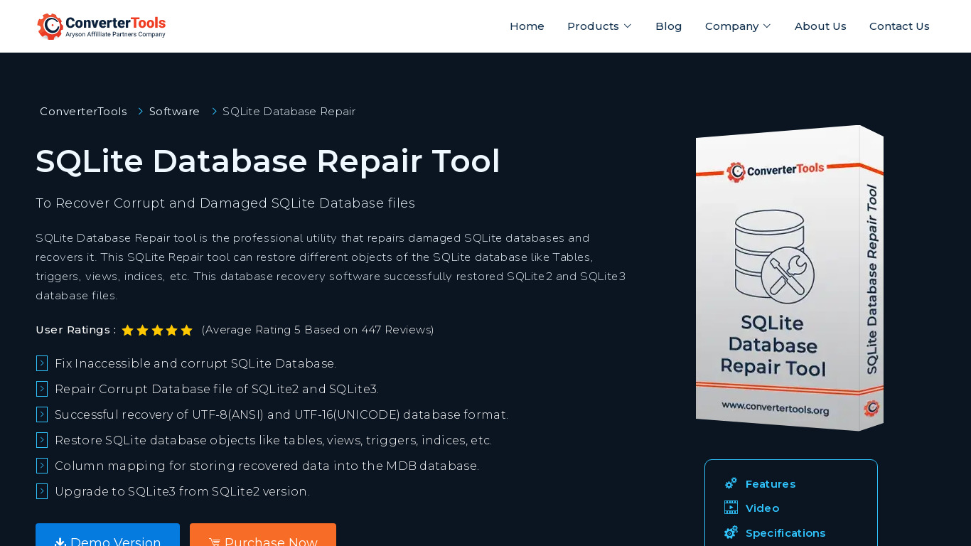 SQLite Database Repair tool Landing page