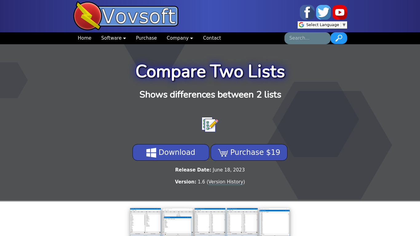 VovSoft Compare Two Lists Landing page