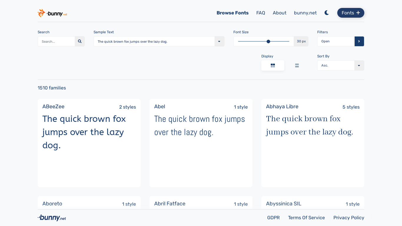 Bunny Fonts Landing page