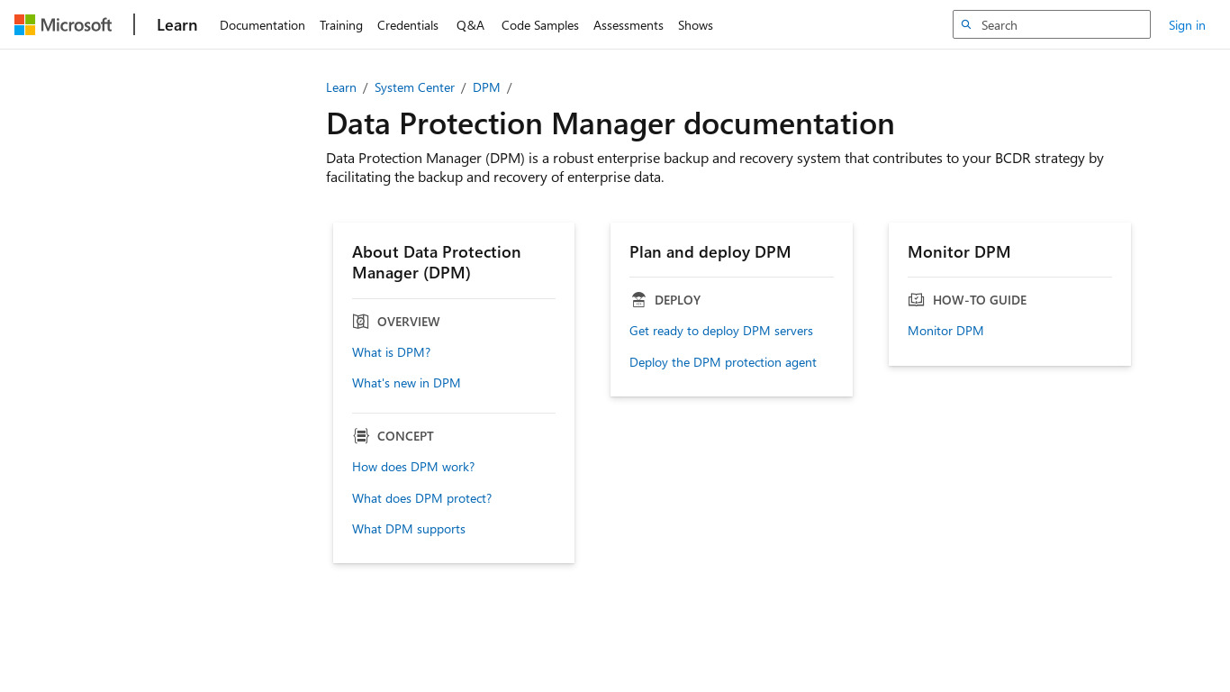 System Center Data Protection Manager Landing page