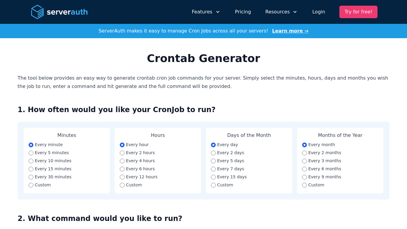 Free Crontab Generator Landing page