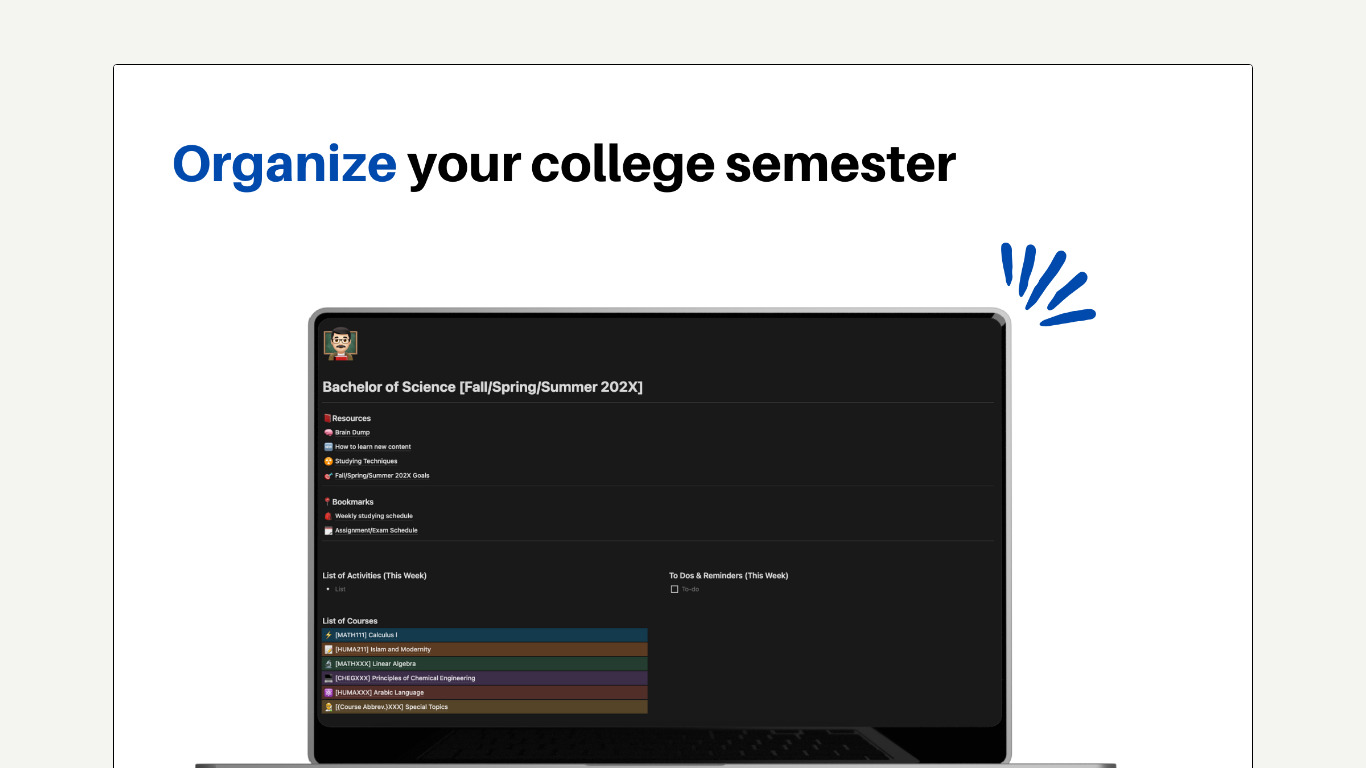 Organize Your Semester Notion Template Landing page