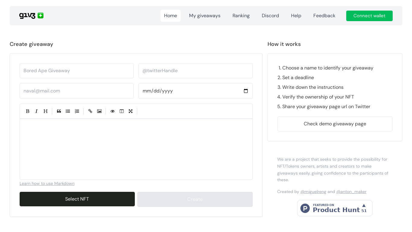 Giv3: Trusted NFTs giveaways Landing page
