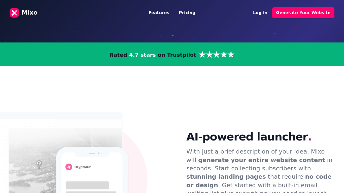 Mixo.io Landing page