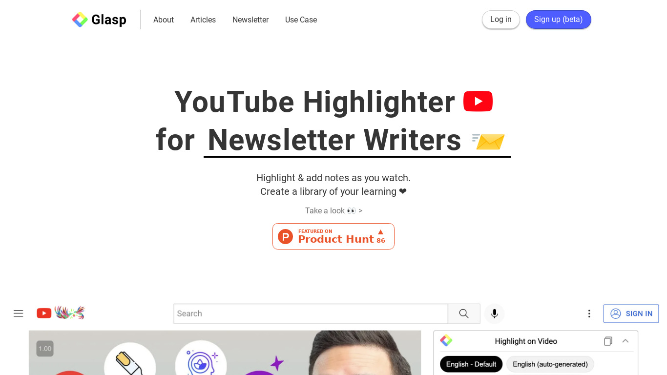 YouTube Highlighter by Glasp Landing page
