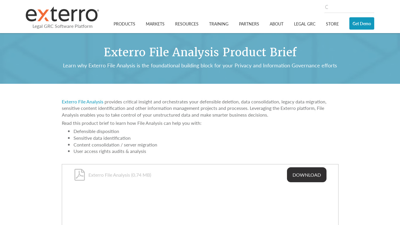 Exterro File Analysis Software Landing page