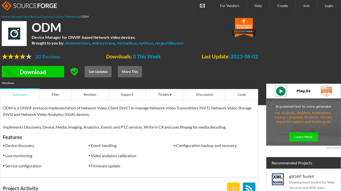ONVIF Device Manager Landing page