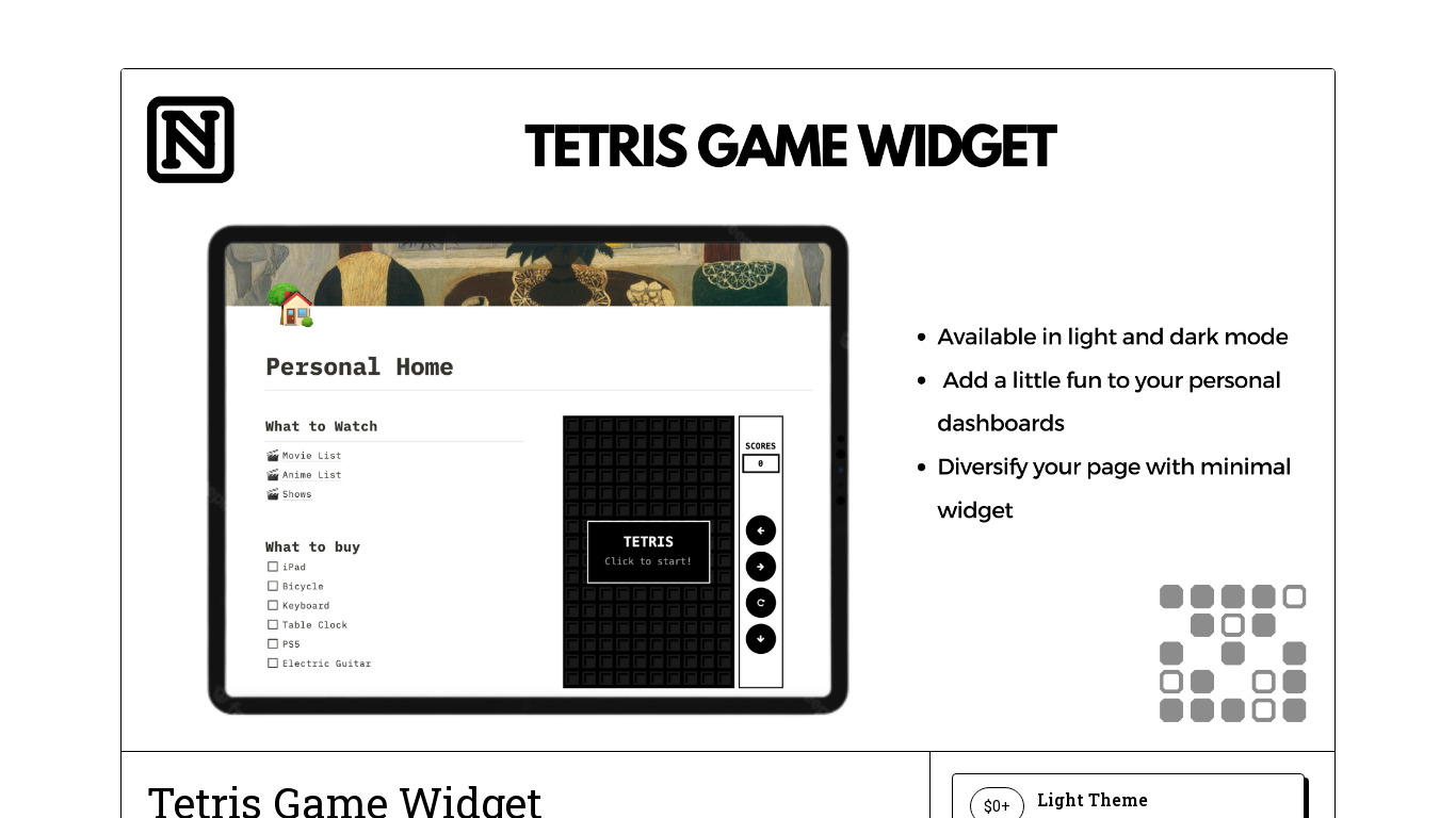 Tetris Game Widget Landing page