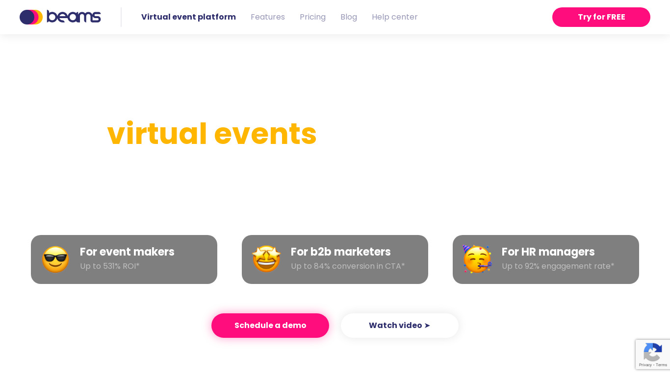 Beams Virtual Event Platform Landing page