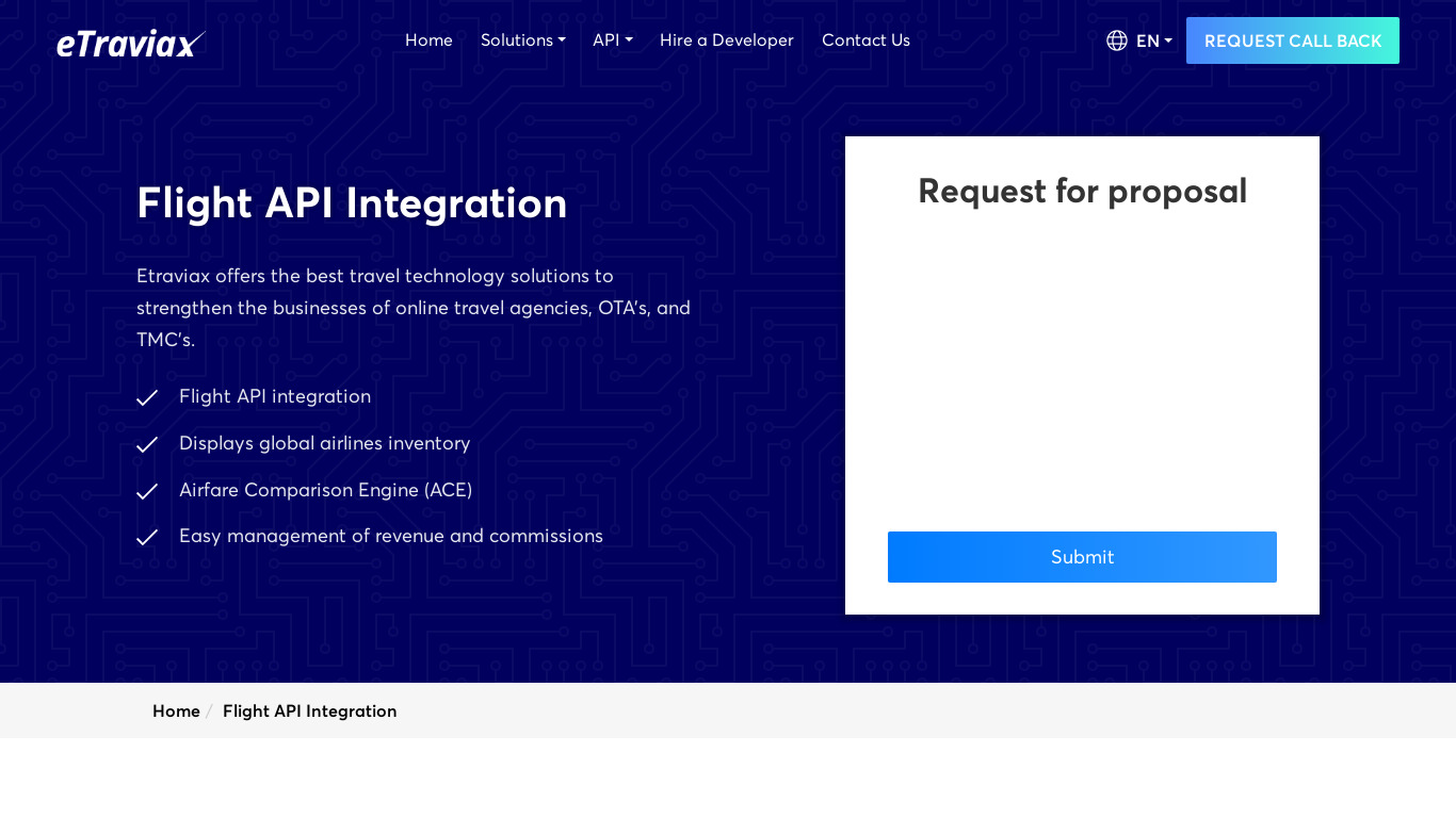 Etraviax Flight API Integration Landing page