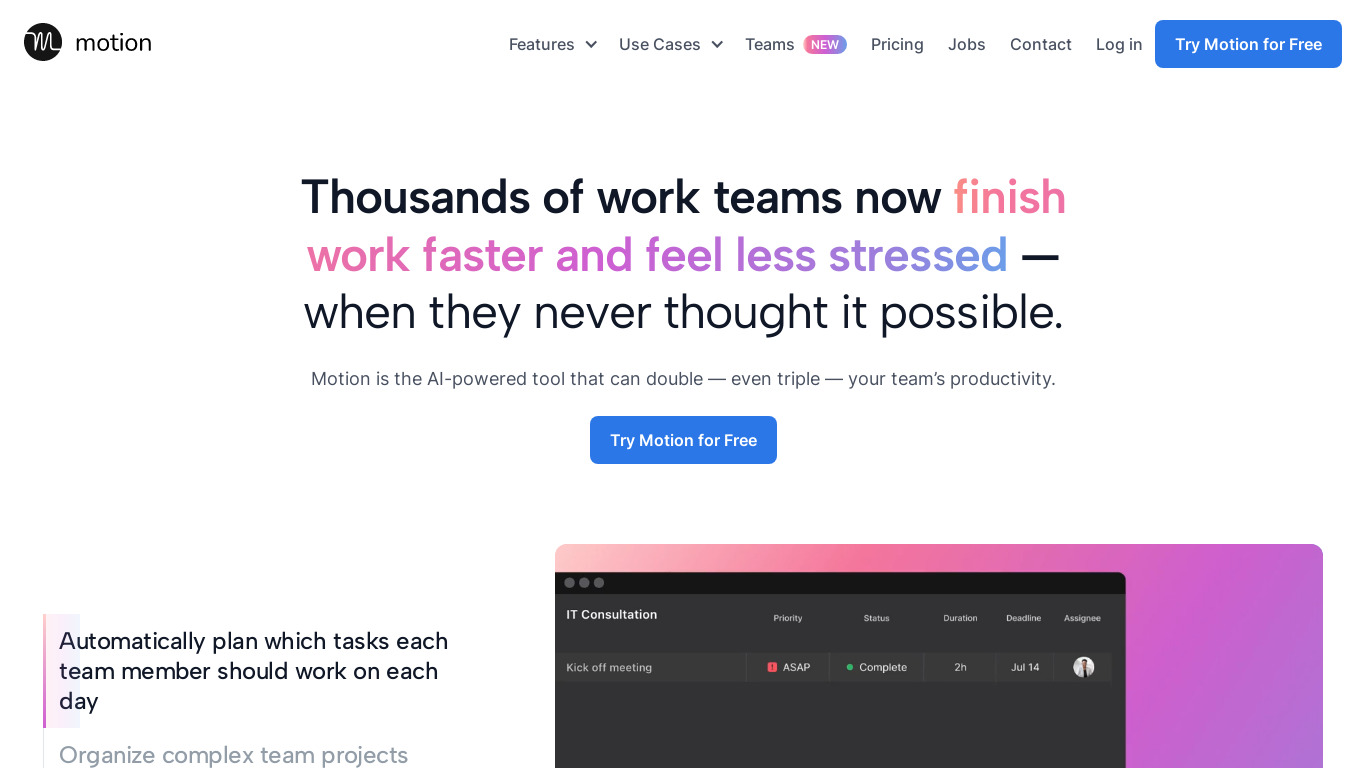 Motion Project Manager Landing page