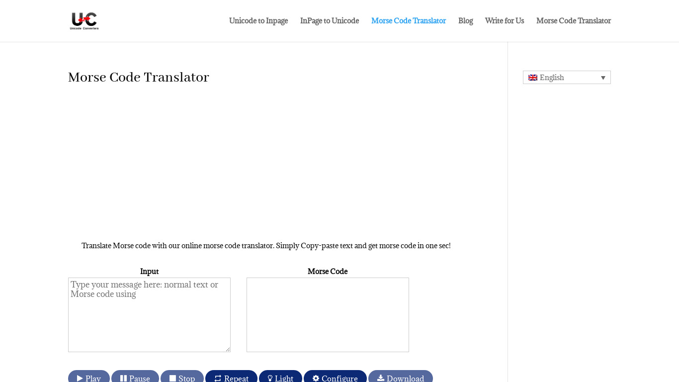 UnicodeConverters Morse Code Translator Landing page