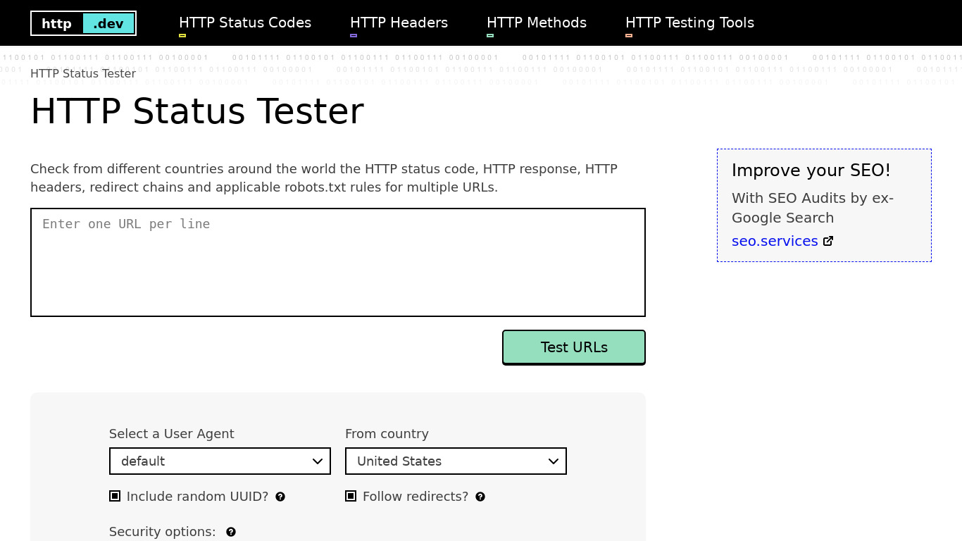 HTTP Status Tester Landing page