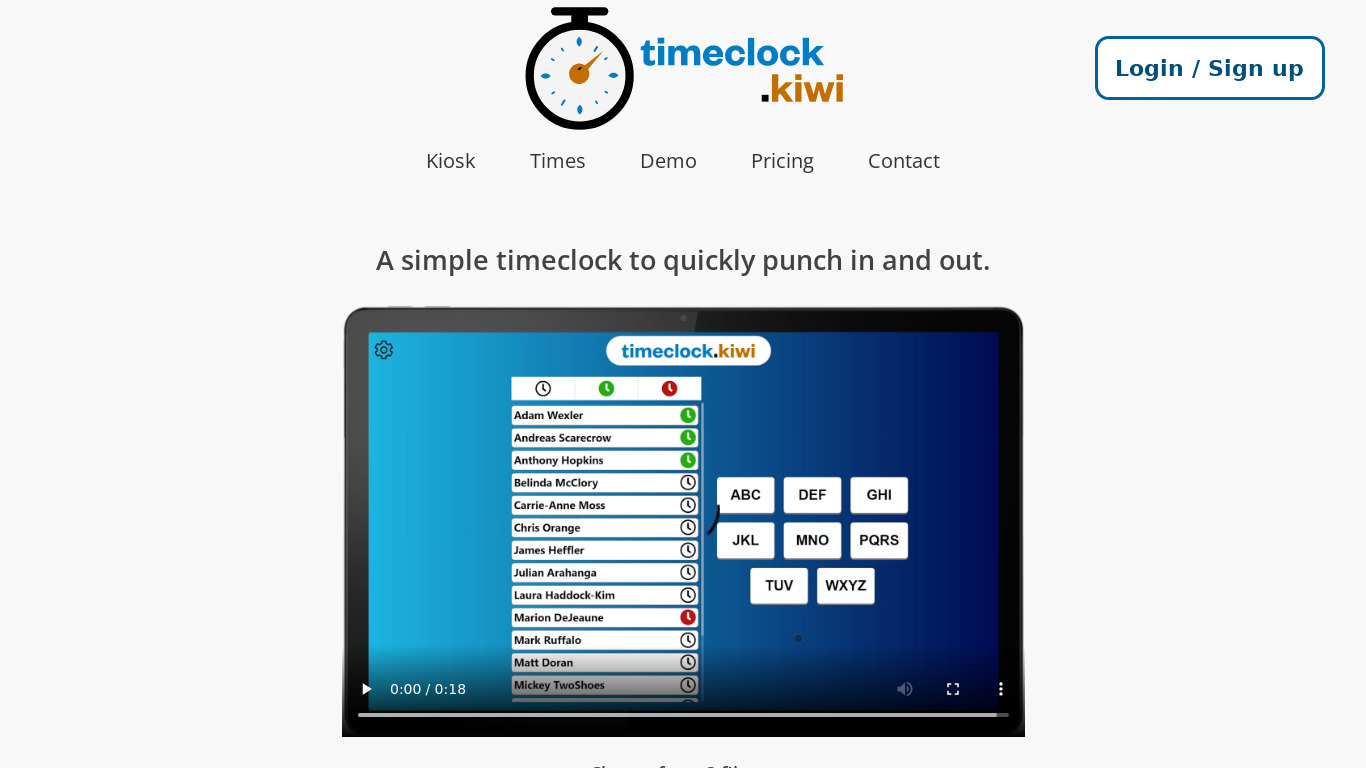 Timeclock.Kiwi Landing page