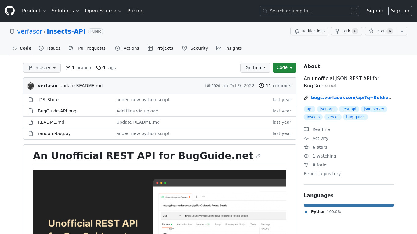 Insects API Landing page