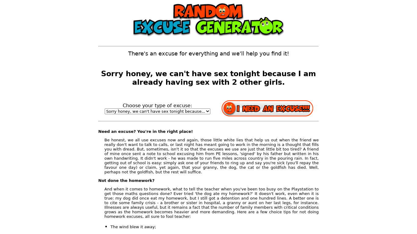 Excuse generator Landing page