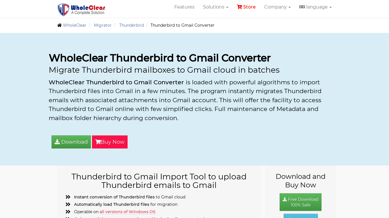 WholeClear  Thunderbird to Gmail Converter Landing page
