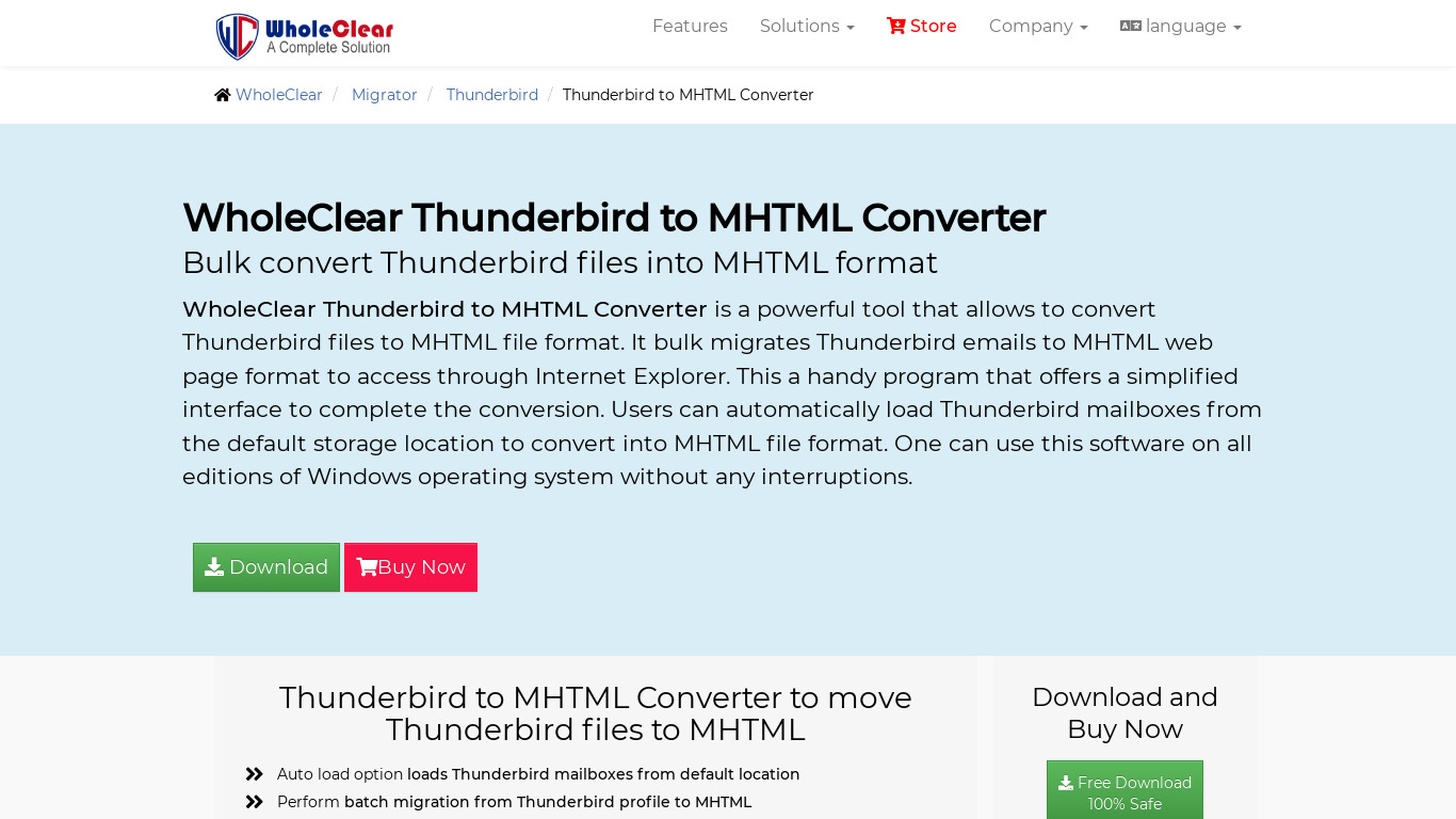 WholeClear Thunderbird to MHTML Converter Landing page