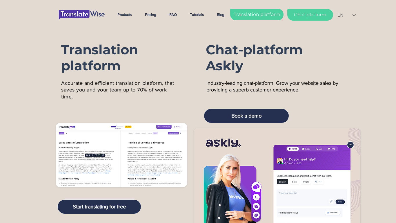 Customer chat by TranslateWise Landing page