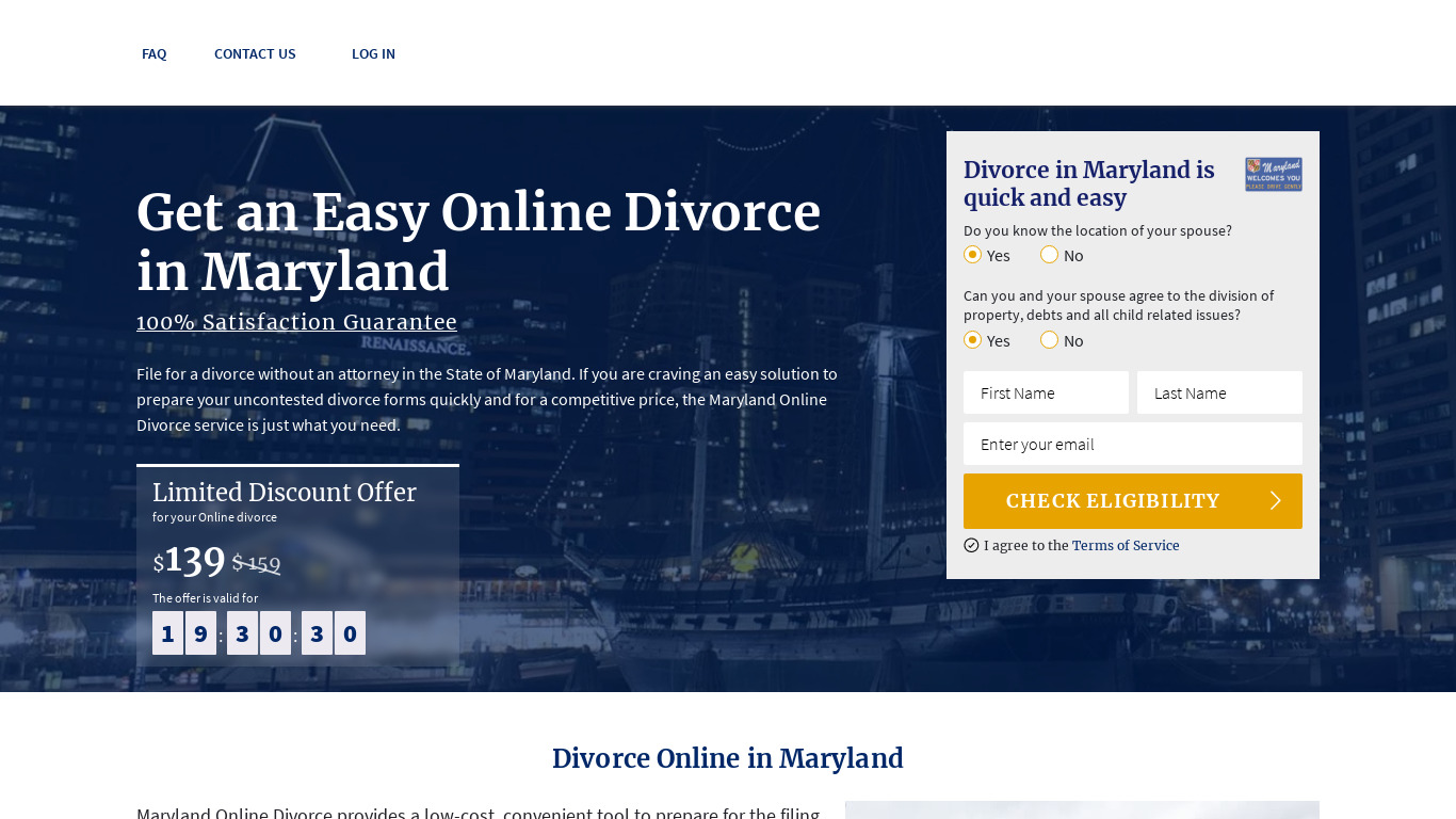 Maryland Online Divorce Landing page