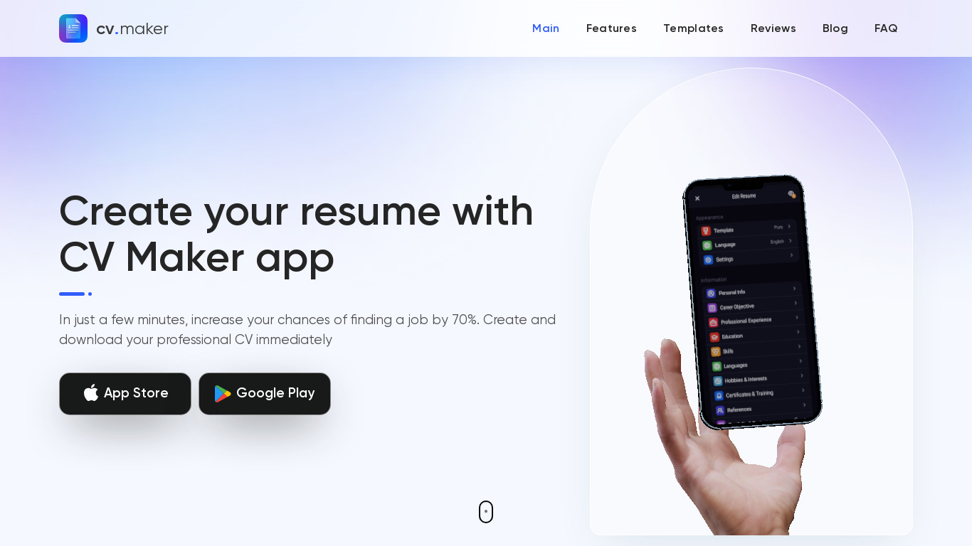 CV Maker: Create your resume Landing page
